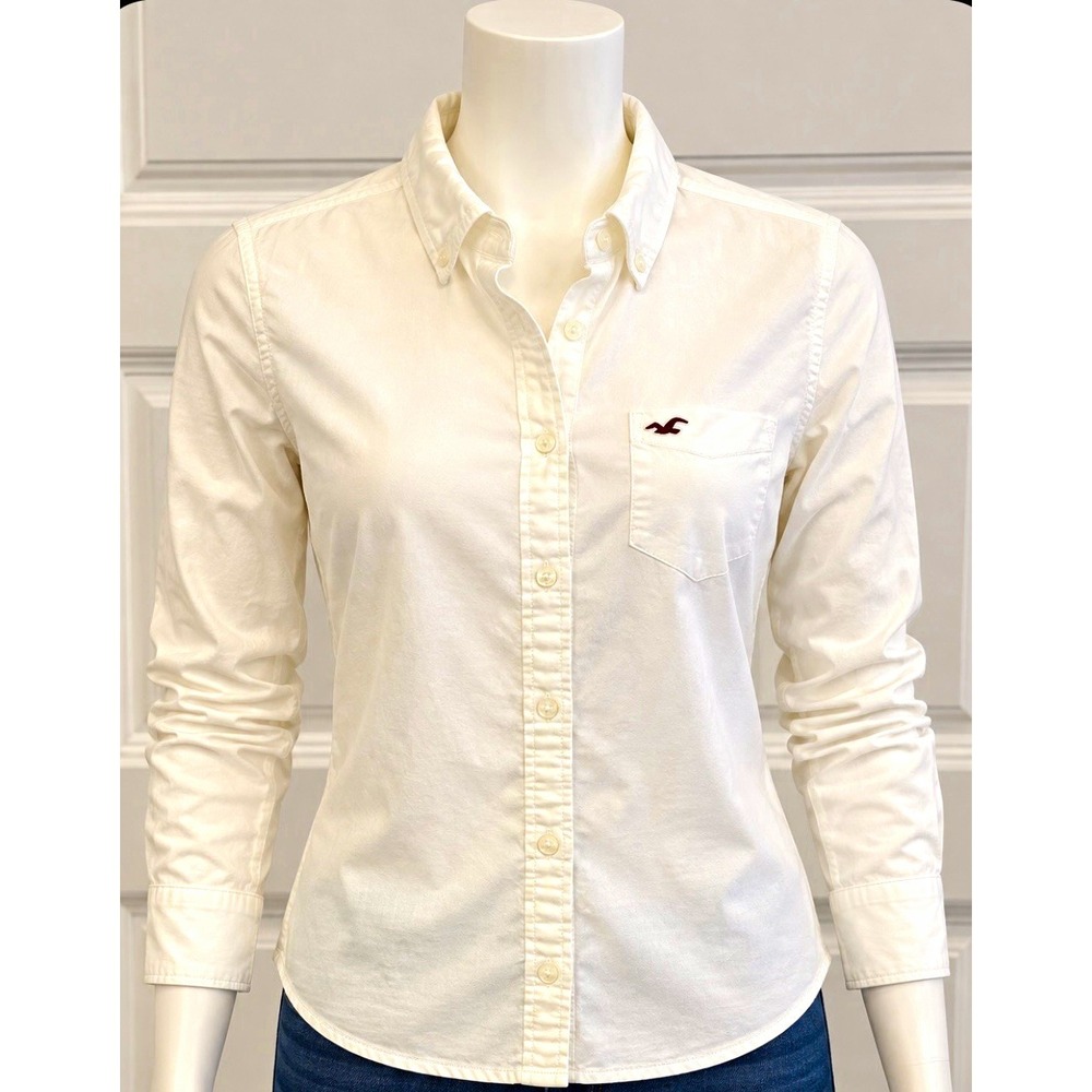 Hollister Womens White Solid Cotton Woven Long Sleeve Button Down Shirt Pocket L